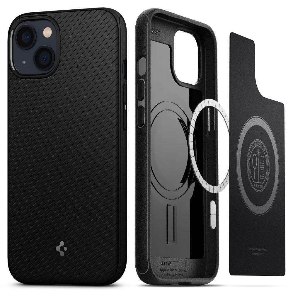 Custodia nera per iPhone con anello magnetico, retro e inserto.