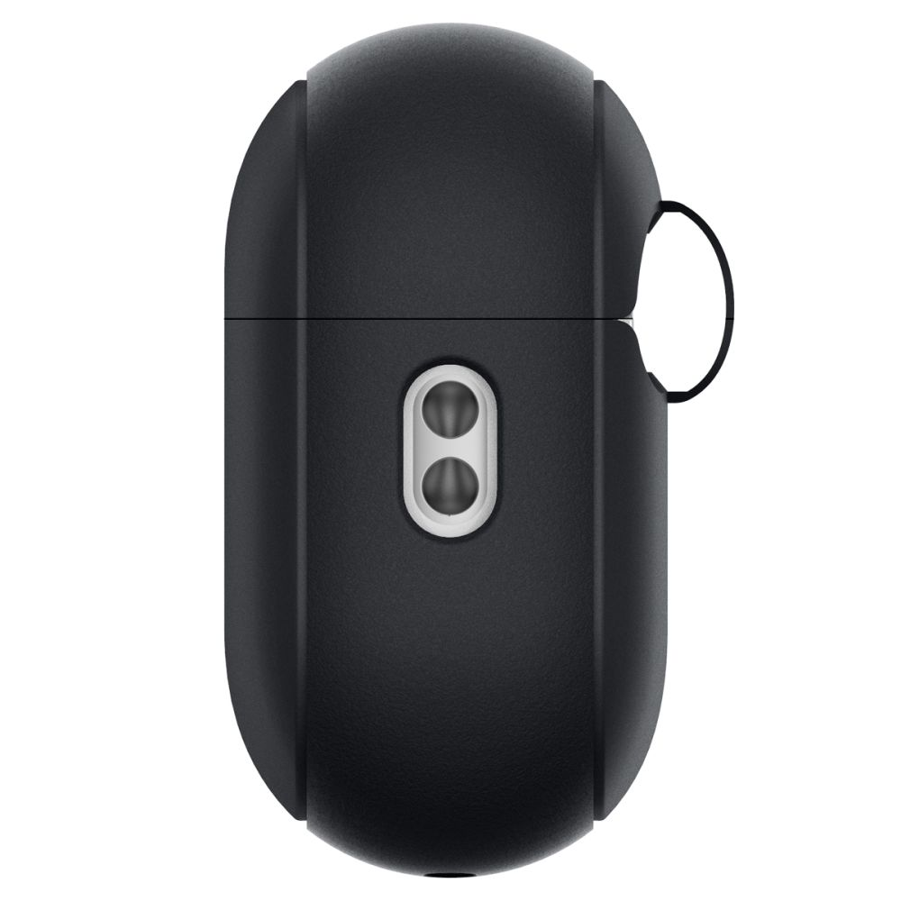 Custodia di ricarica nera per auricolari wireless con cerchio argentato e due aperture rotonde.