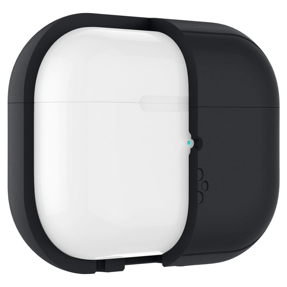 Custodia di ricarica bianca per auricolari con cover protettiva nera e spia blu.