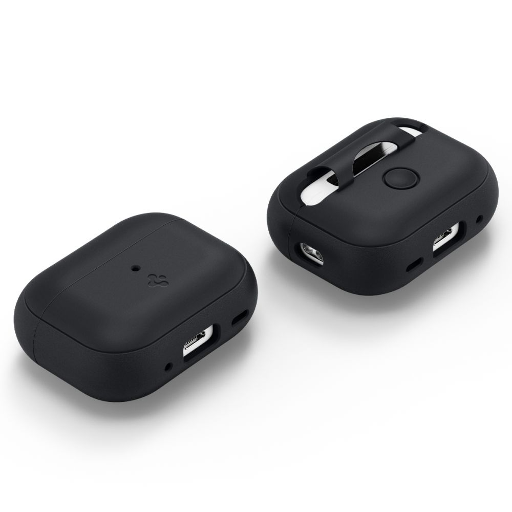 Due custodie nere in silicone per auricolari wireless, una aperta che mostra gli auricolari, una chiusa.
