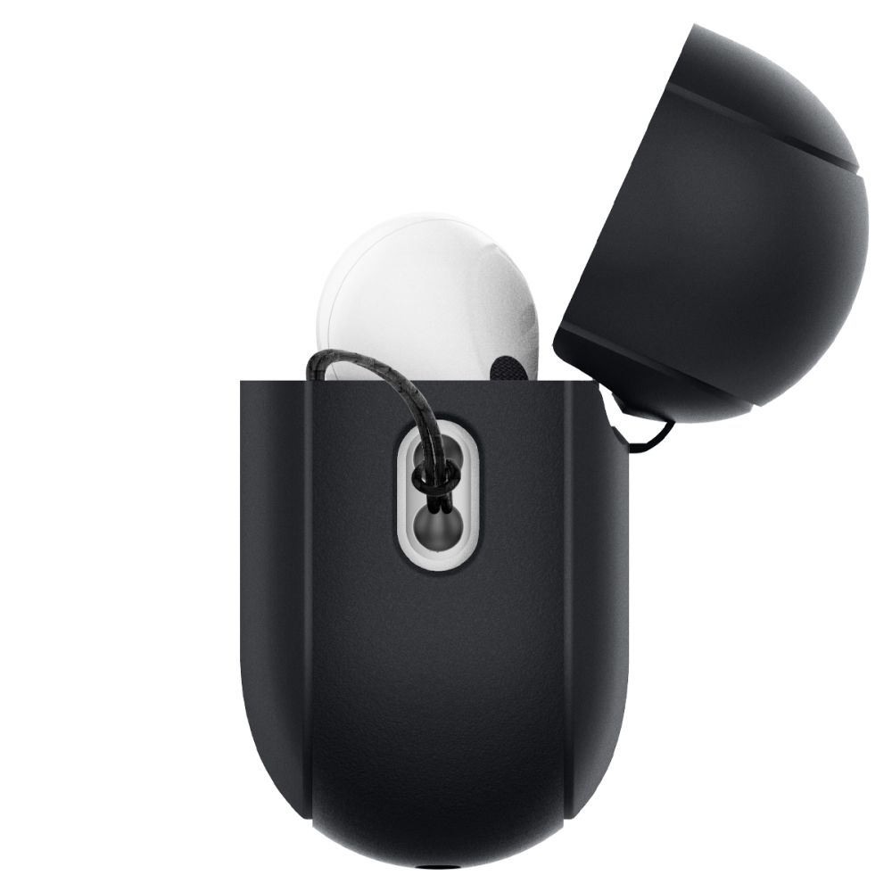 Una custodia nera aperta per auricolari wireless con un auricolare bianco all'interno.