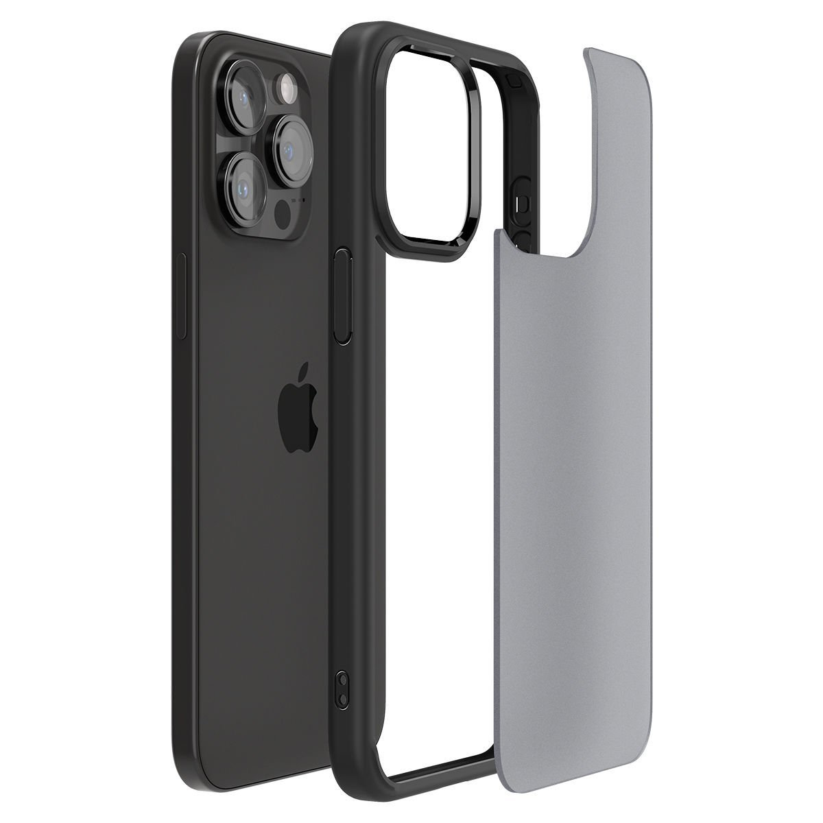 Un iPhone nero con custodia trasparente e placca posteriore grigia.