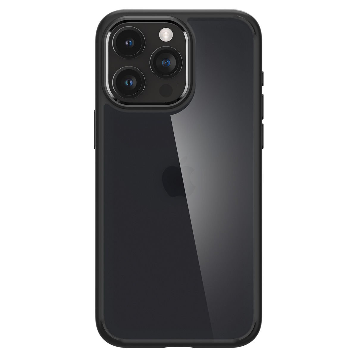 iPhone scuro con sistema a tripla fotocamera e logo Apple.