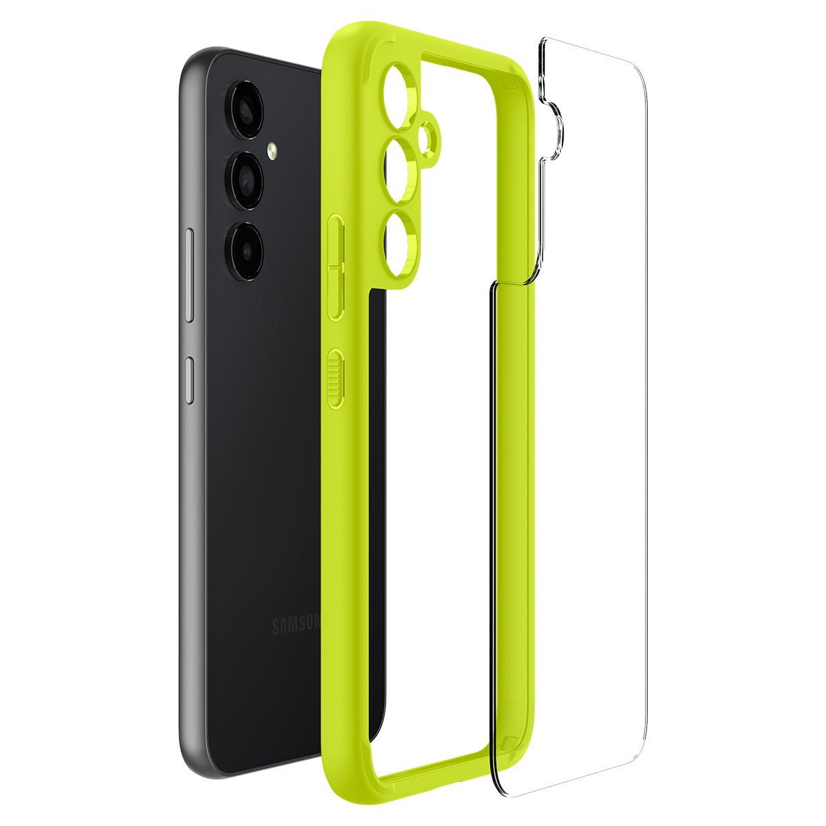 Un telefono nero con una custodia verde neon e una custodia trasparente accanto.