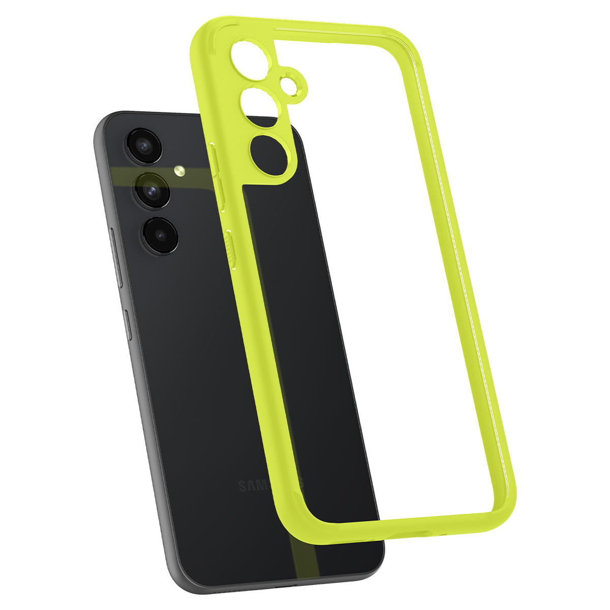 Uno smartphone nero con una custodia trasparente verde neon brillante che fluttua sopra, su uno sfondo bianco.