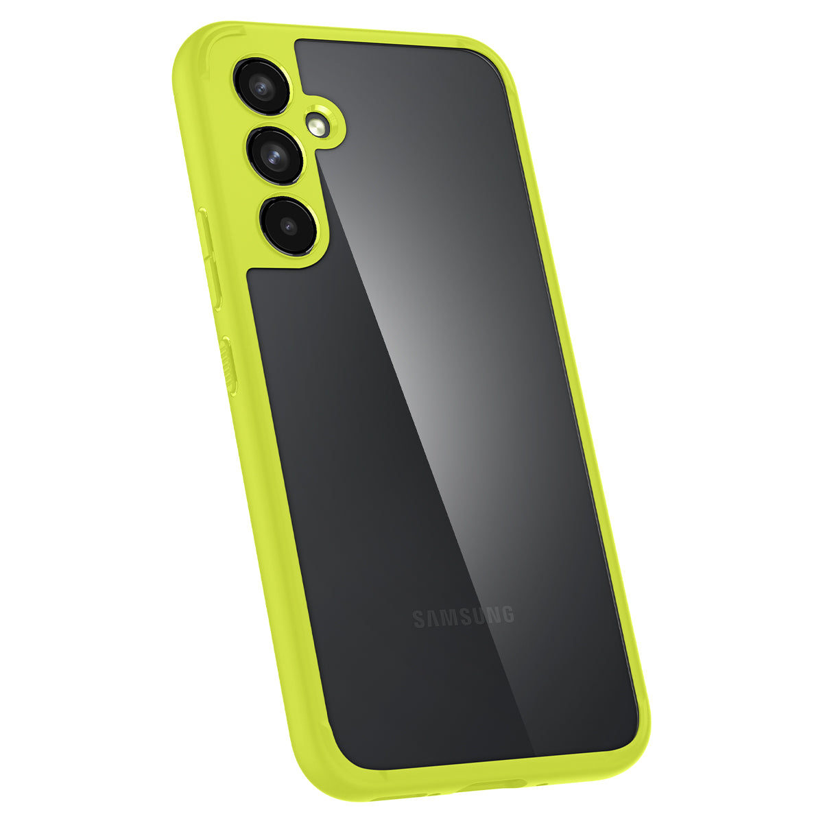 Uno smartphone nero con una custodia gialla brillante è inclinato, mostrando il retro con tre fotocamere e il logo Samsung.