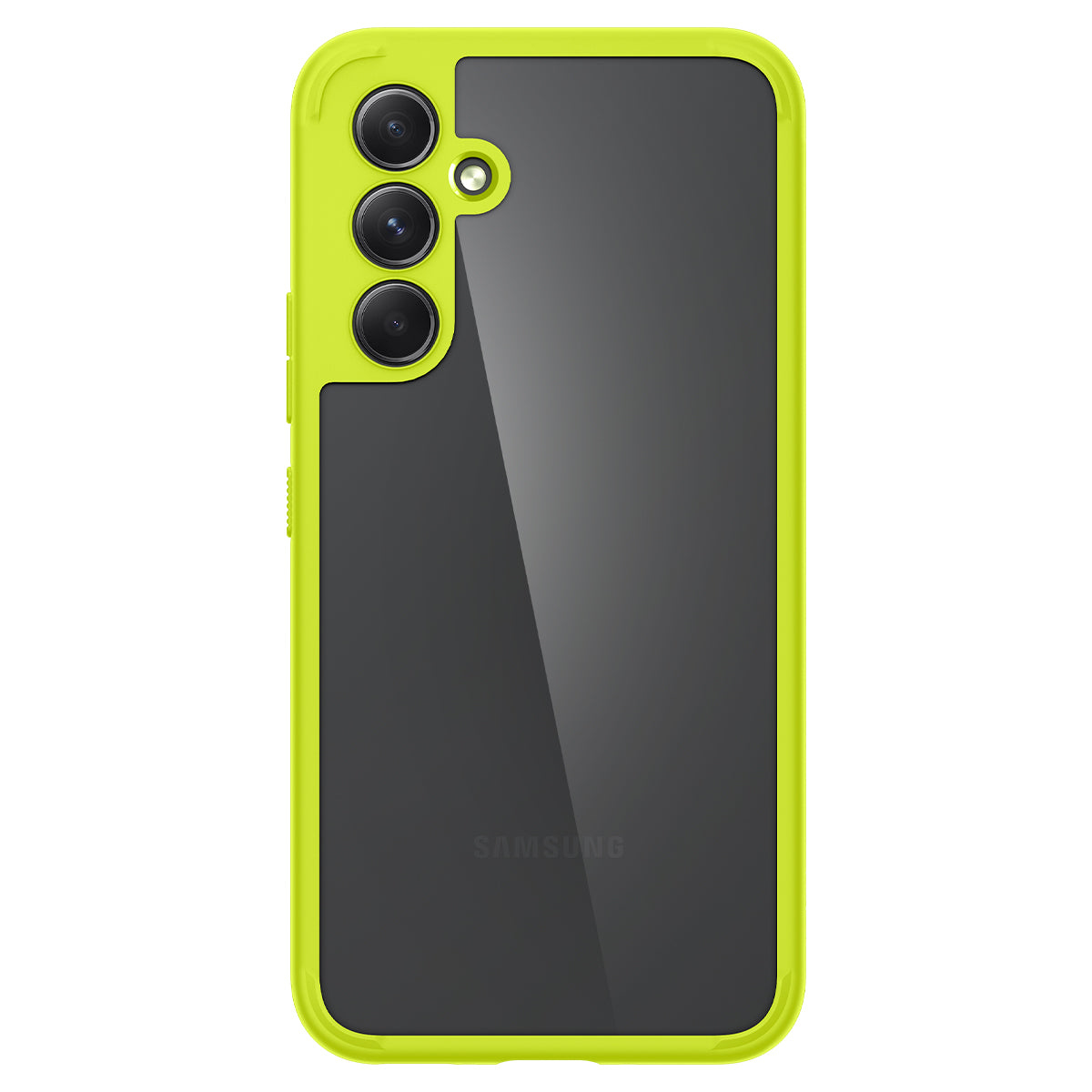 Uno smartphone con tre fotocamere e una cornice color neon.