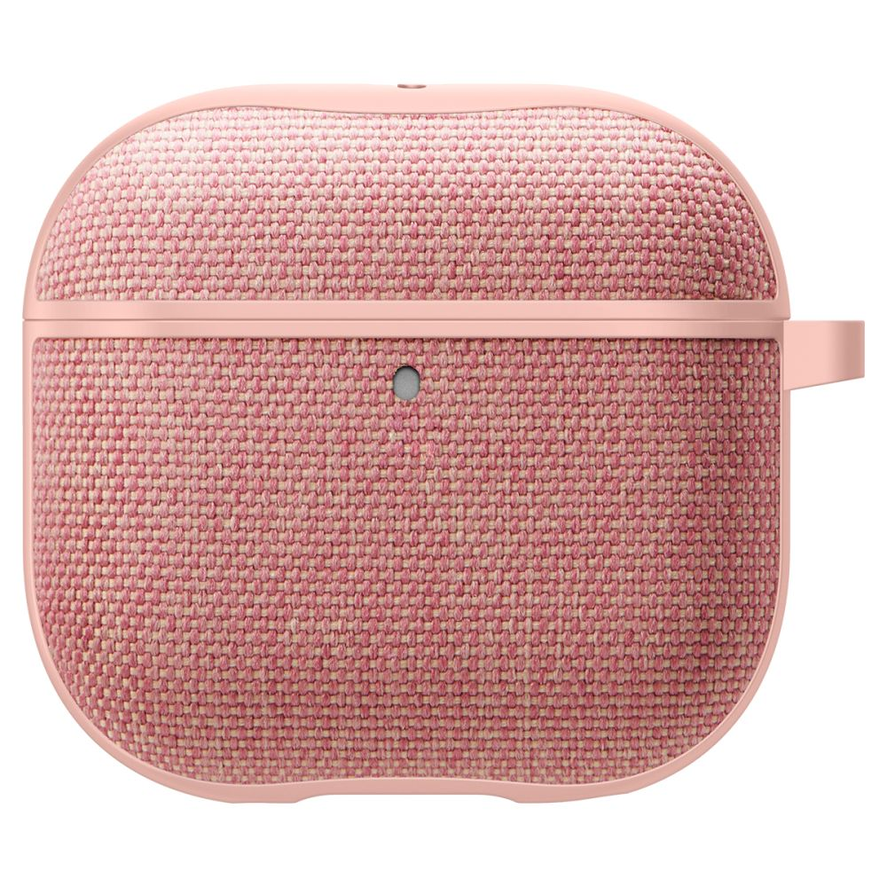 Una custodia per cuffie in tessuto rosa con un anello e un dettaglio circolare.