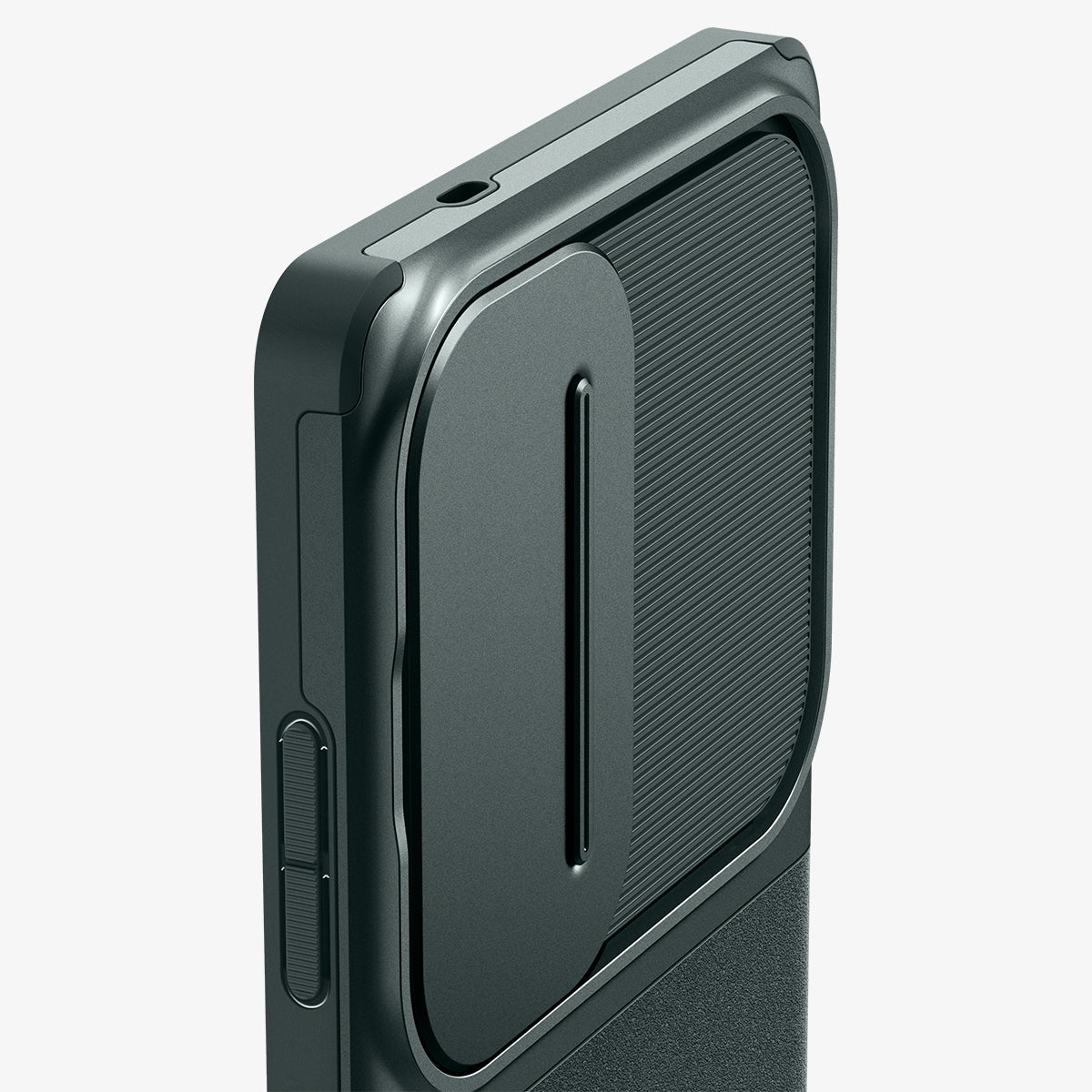 Custodia grigio scuro per telefono con retro scanalato e pulsanti laterali.