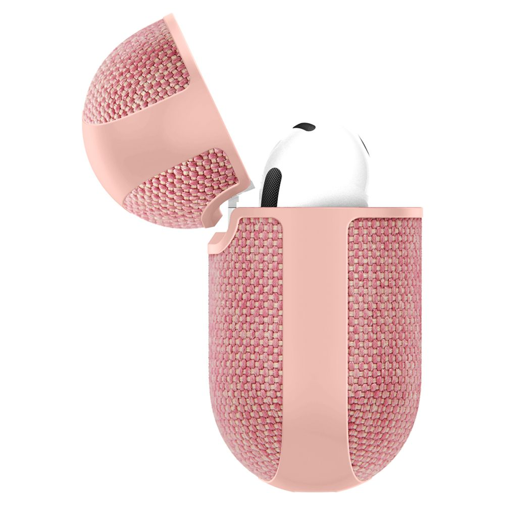 Una custodia rosa per AirPods con coperchio aperto, che mostra un auricolare bianco.