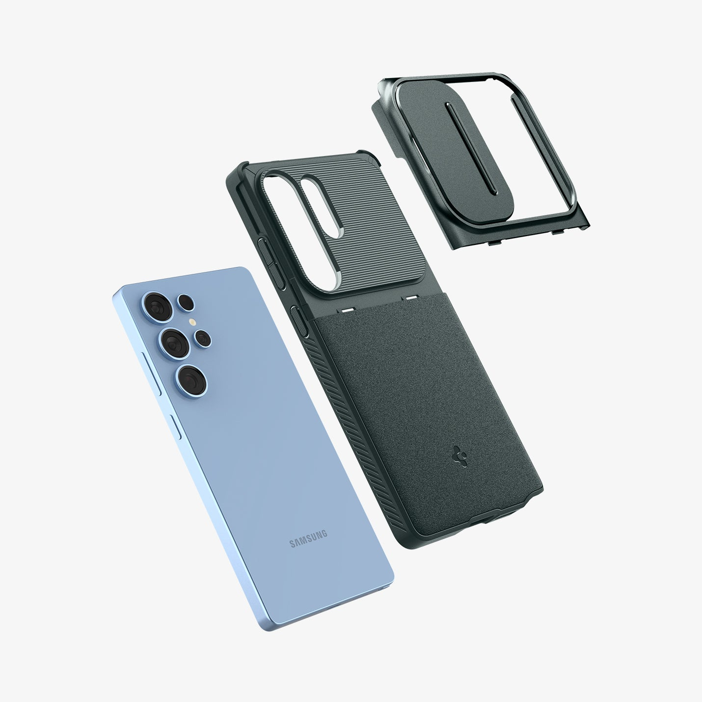 Un telefono Samsung blu giace accanto a una custodia per telefono nera in due parti.