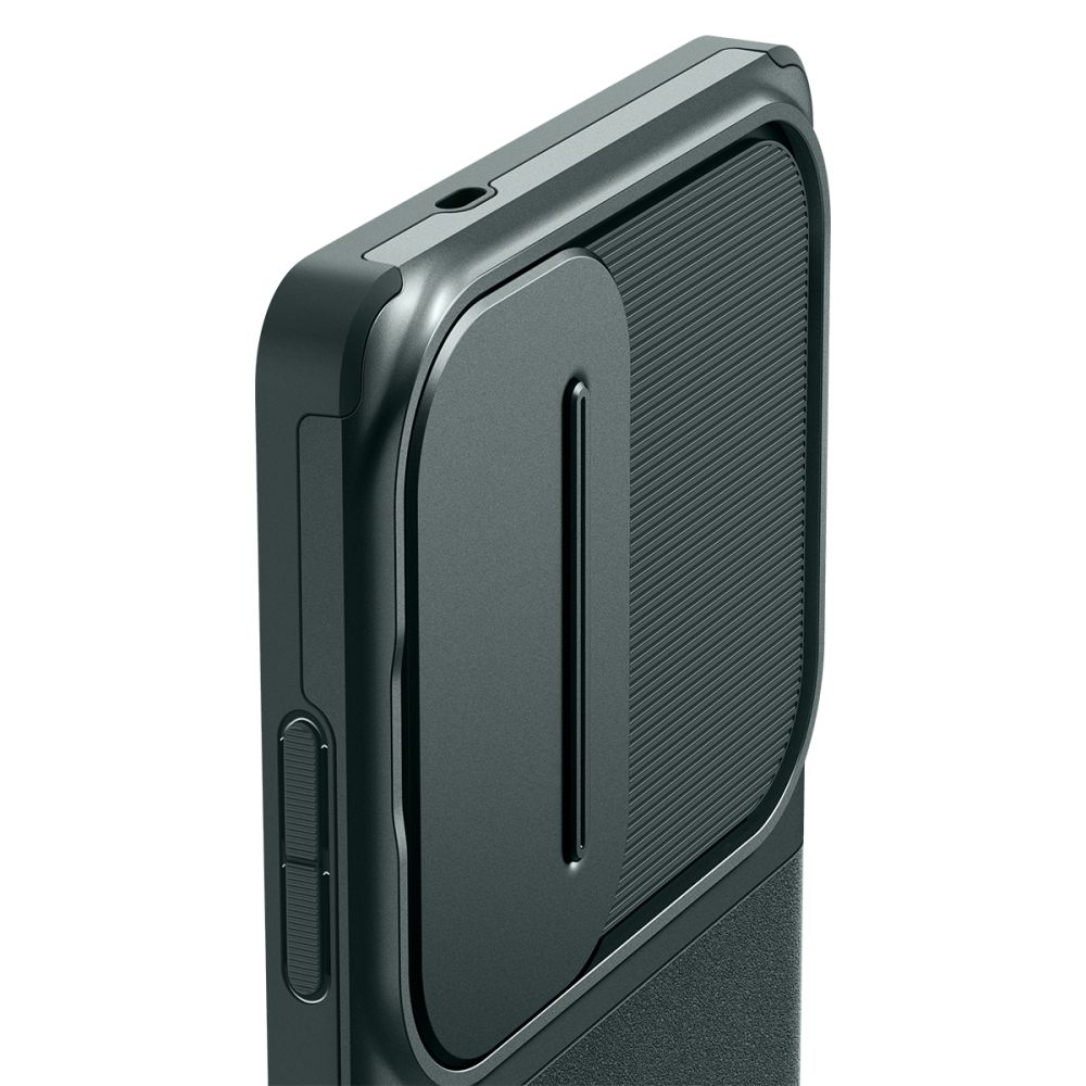 Custodia per telefono grigio scuro con texture a coste e ritagli.