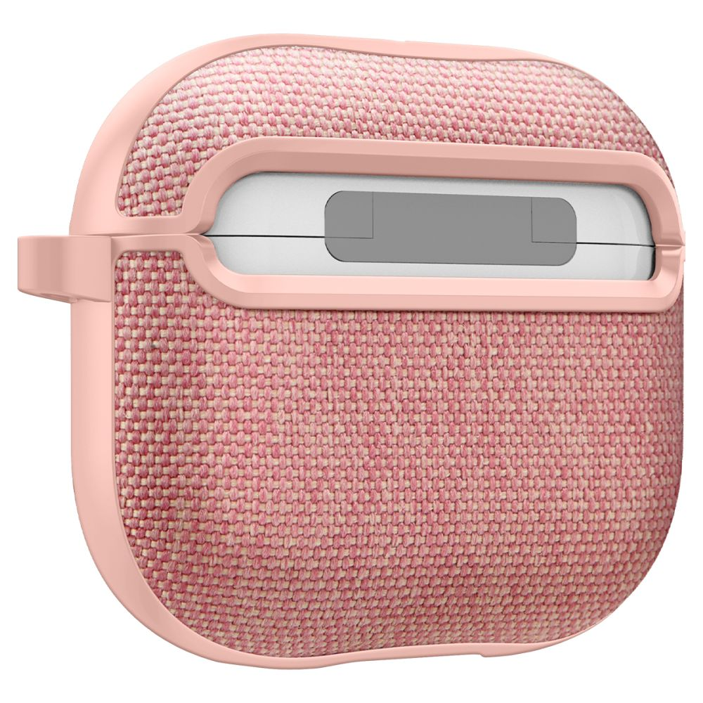 Una custodia per auricolari rivestita in tessuto rosa con una cornice in plastica rosa chiaro, aperta per rivelare un interno bianco con un accento grigio.