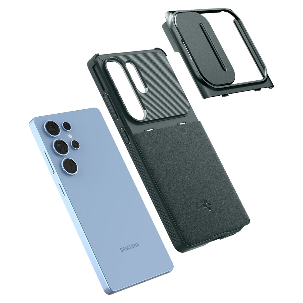Uno smartphone blu chiaro e una custodia per telefono grigio scuro smontata su sfondo bianco.