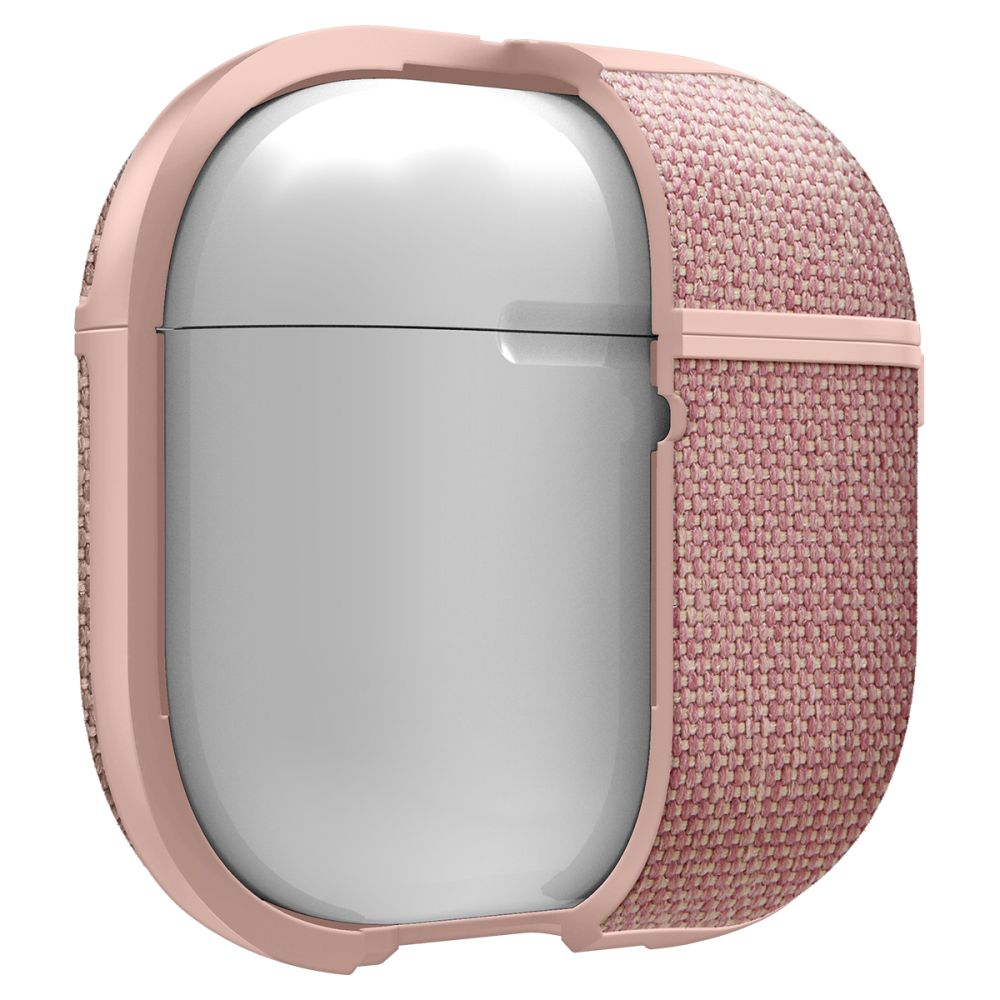 Una custodia rosa per cuffie con texture in tessuto.