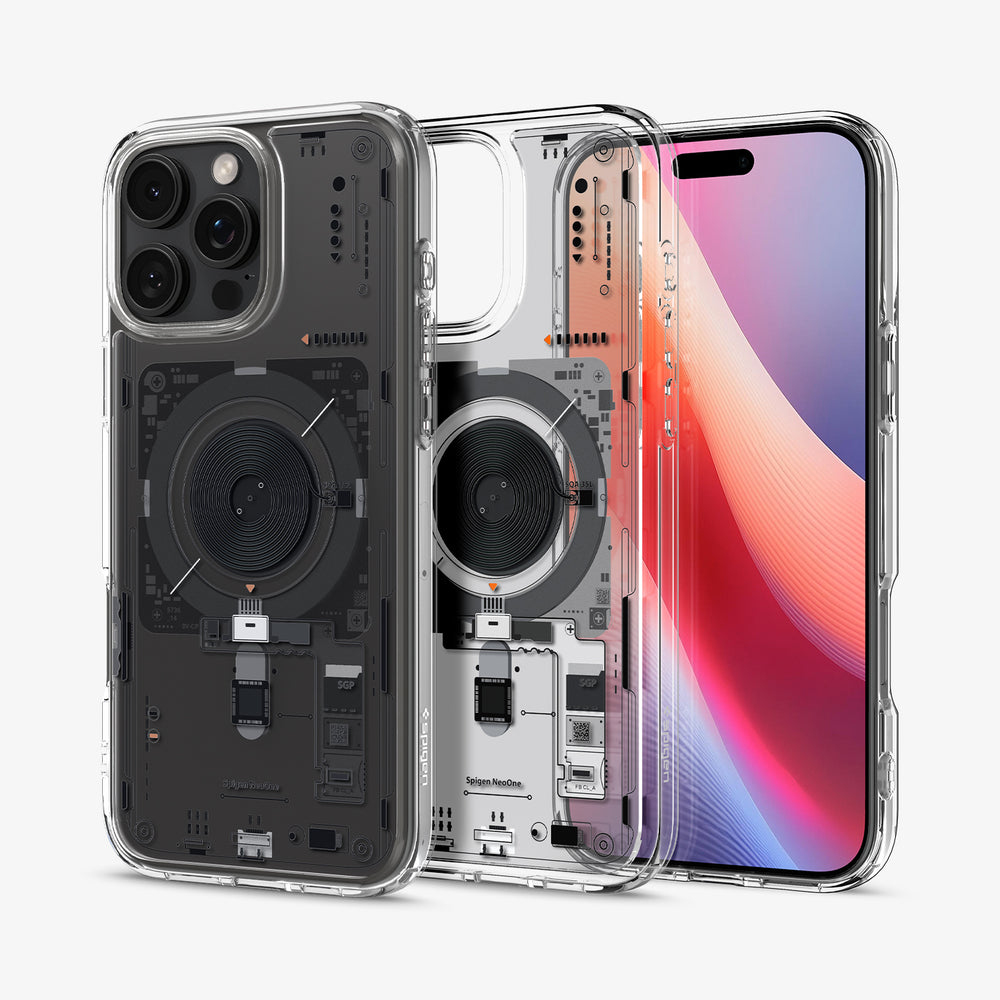 Cover trasparenti per telefono rivelano componenti interni e uno smartphone sfumato.