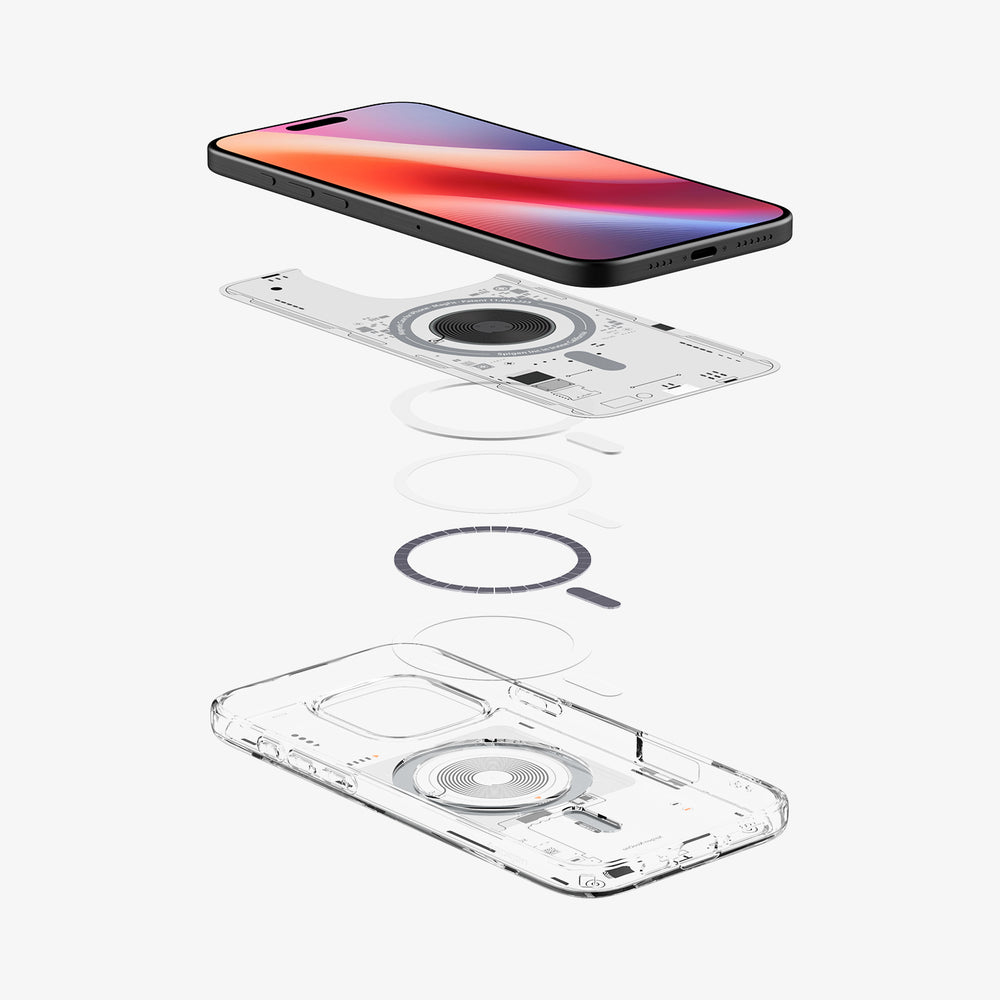 Vista esplosa di uno smartphone con custodia rimovibile e anello magnetico.