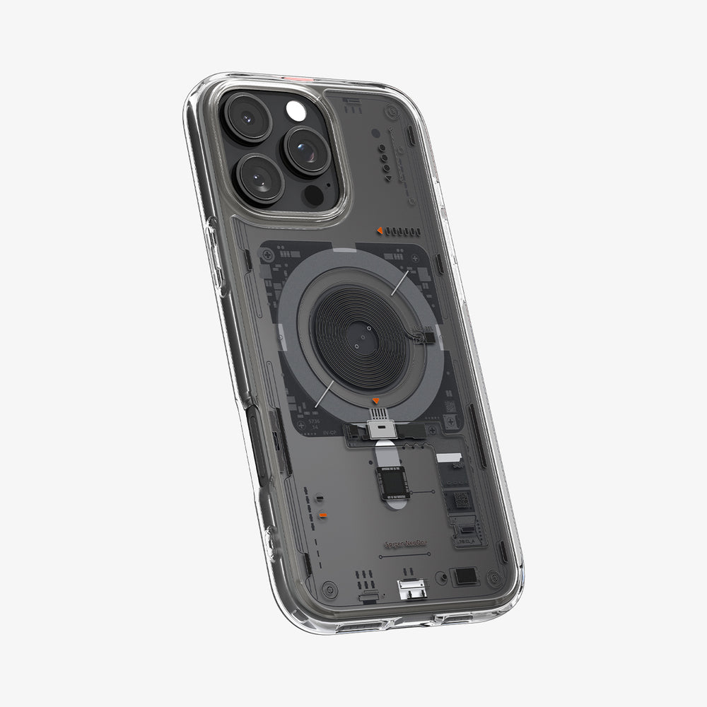 Custodia trasparente per telefono con elettronica interna e fotocamera visibili.