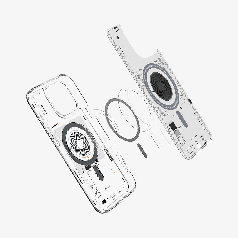 Custodia trasparente per telefono che mostra bobine di ricarica magnetiche e componenti interni.