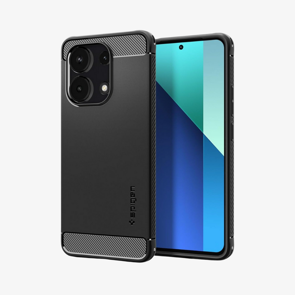 Telefono nero con doppia fotocamera e accenti in carbonio, accanto al display.