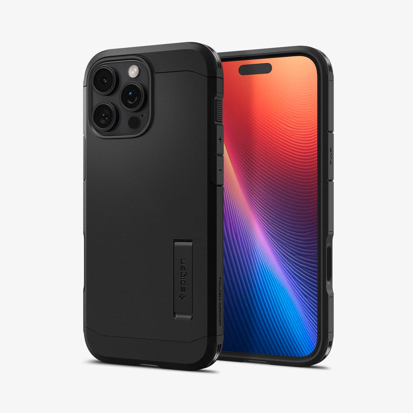 Una custodia nera per iPhone 15 Pro con cavalletto è mostrata accanto al telefono, che visualizza uno schermo colorato.