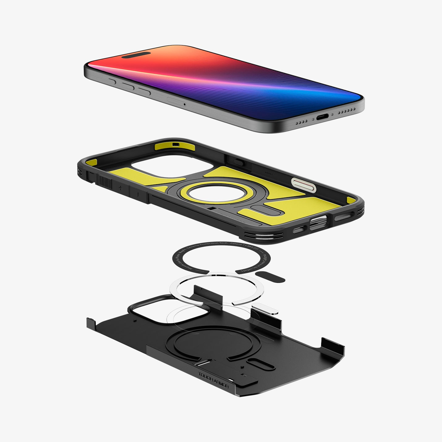 Vista esplosa di una custodia nera per iPhone con accenti gialli, smontata nei suoi componenti.