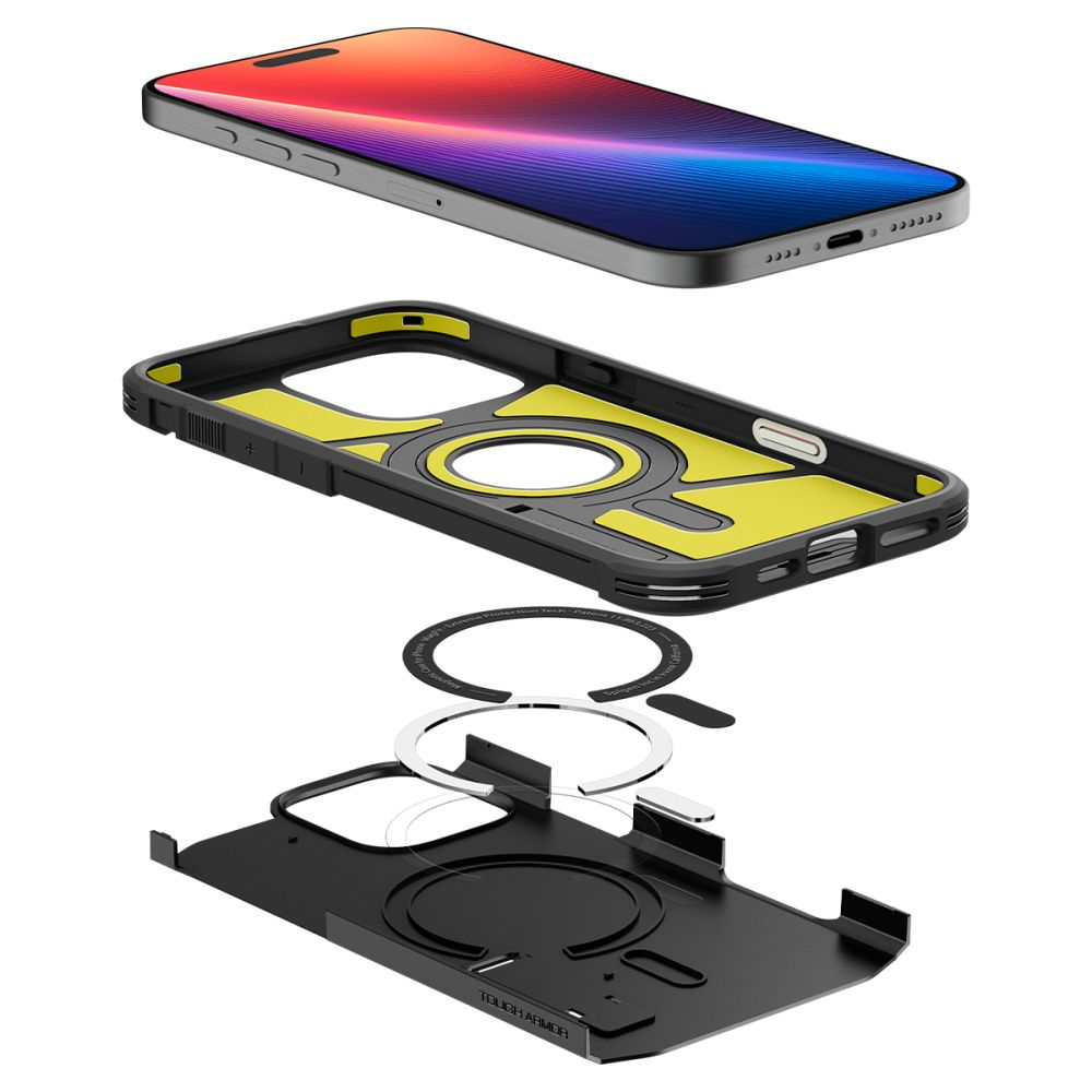 Vista esplosa di una custodia per telefono con telefono, custodia e anello magnetico.