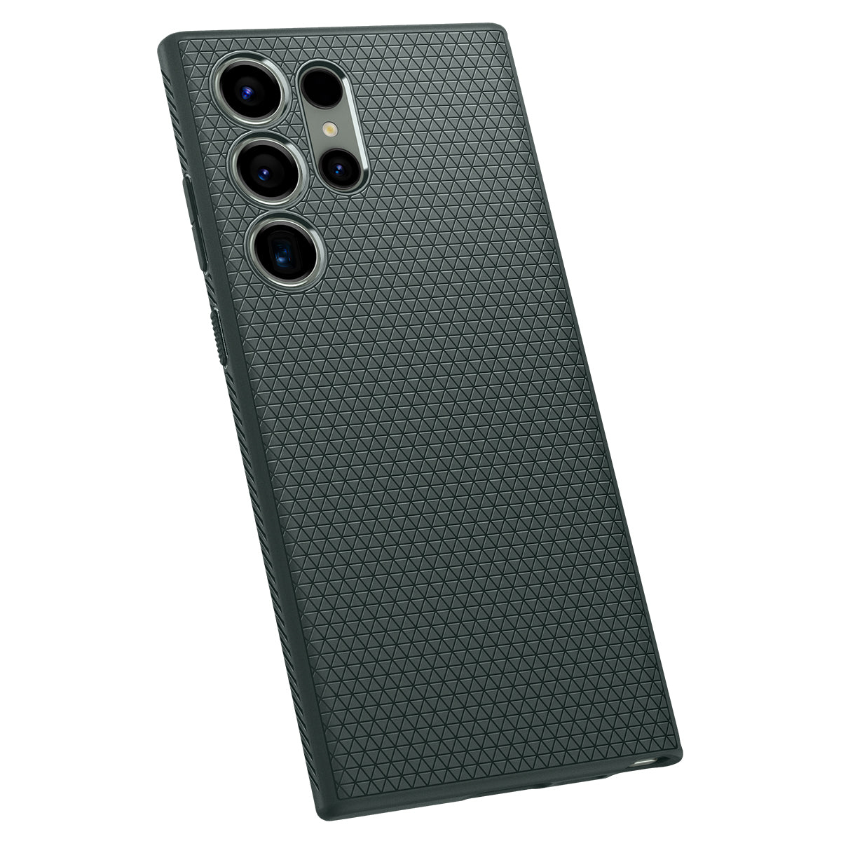 Telefono grigio scuro con motivo triangolare e quattro obiettivi fotografici in alto a sinistra.