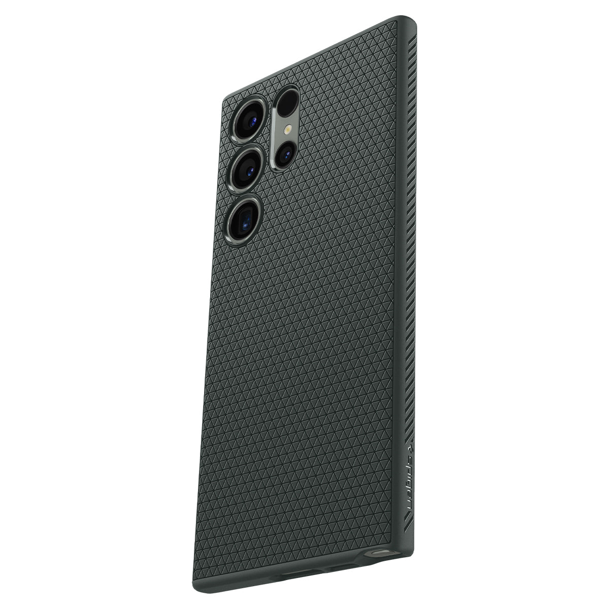 Custodia per telefono grigio scuro con motivo triangolare e obiettivi della fotocamera.