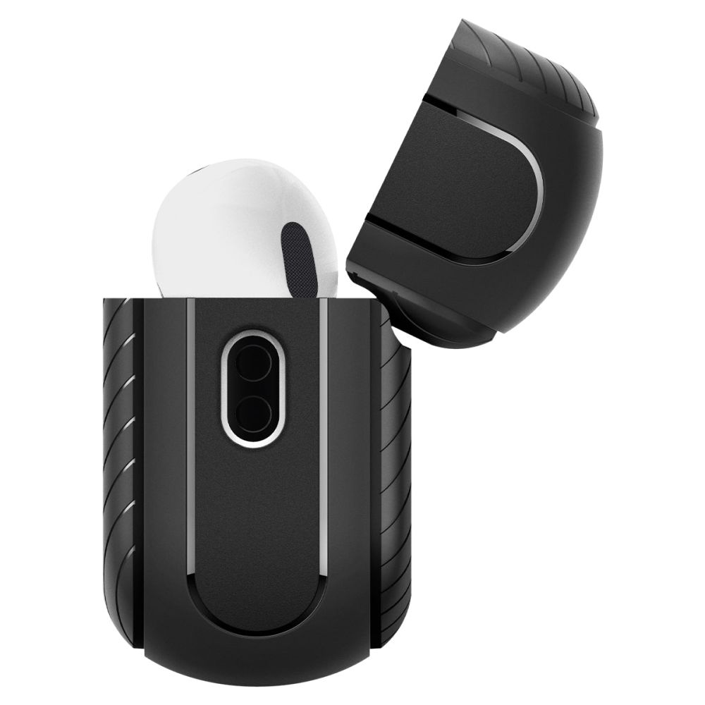 Un auricolare bianco emerge da una custodia protettiva nera, con il coperchio aperto, su uno sfondo bianco.