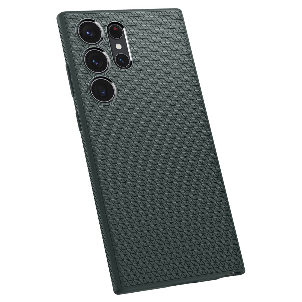 Smartphone grigio scuro con motivo triangolare sul retro e quattro fotocamere.