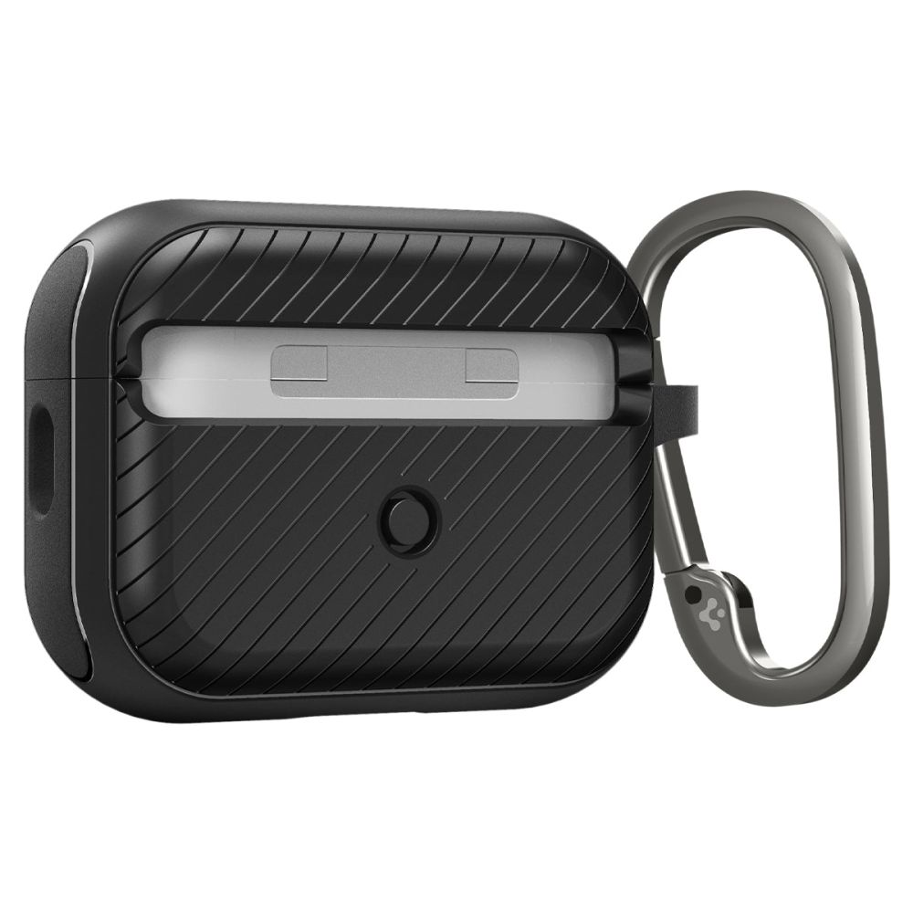Custodia di ricarica nera con texture a coste e clip a moschettone.