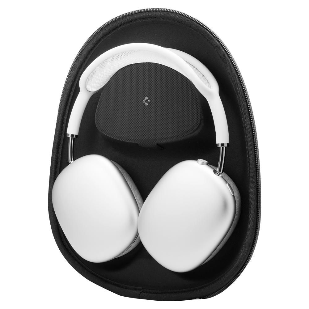 Cuffie bianche con accenti argentati all'interno di una custodia nera con cerniera.