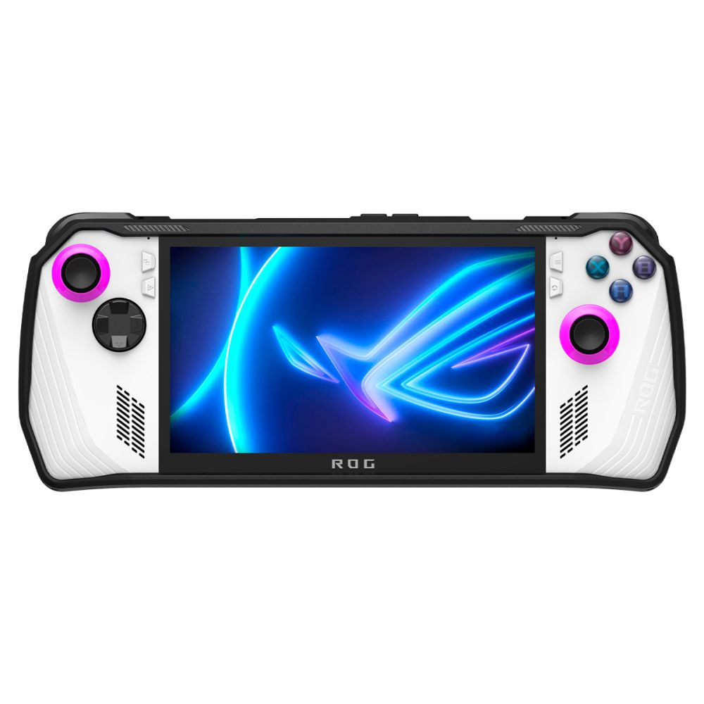 Un PC da gioco portatile bianco con accenti rosa e logo ROG luminoso sullo schermo.