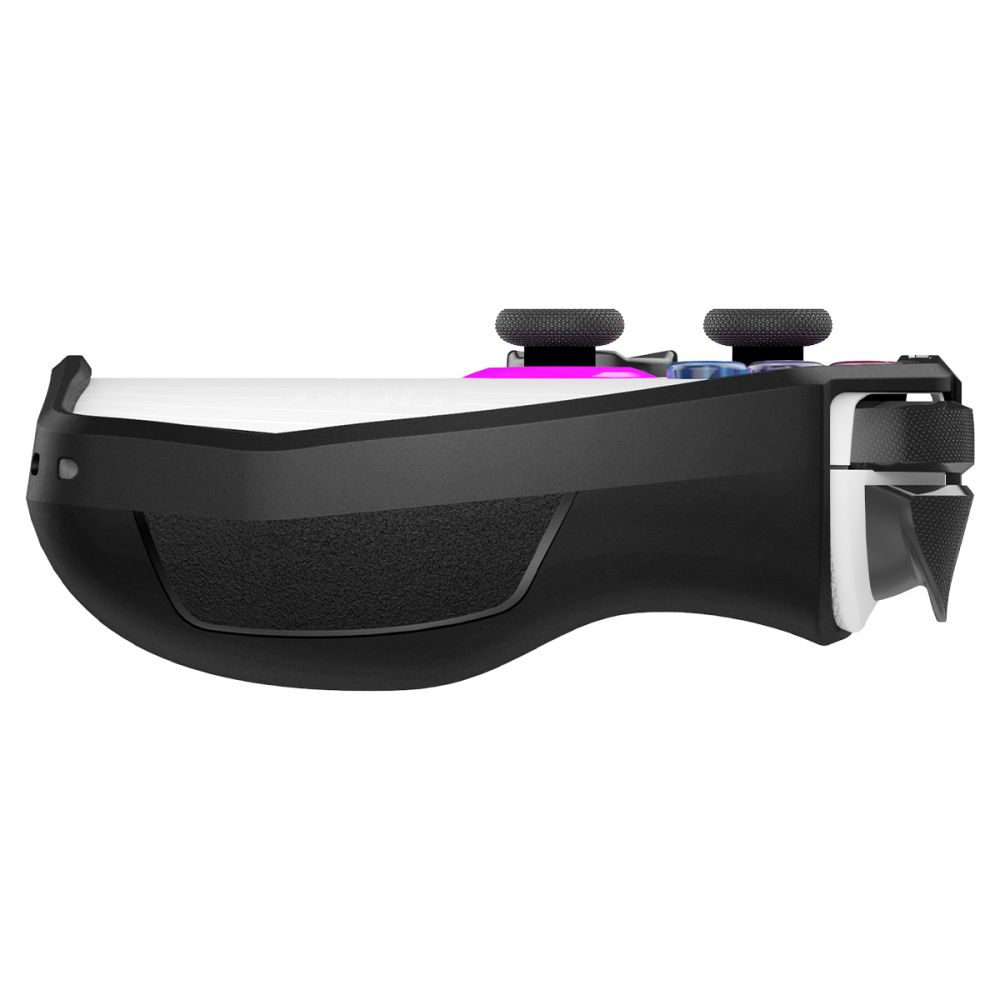 Controller da gioco nero con parte superiore bianca e accenti rosa.