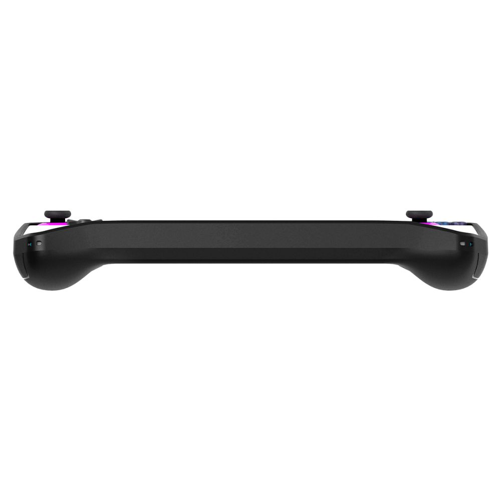 Un controller di gioco nero con accenti luminosi sui lati.