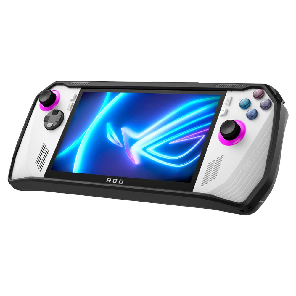 Un PC da gioco portatile bianco con doppio joystick e schermo grande.