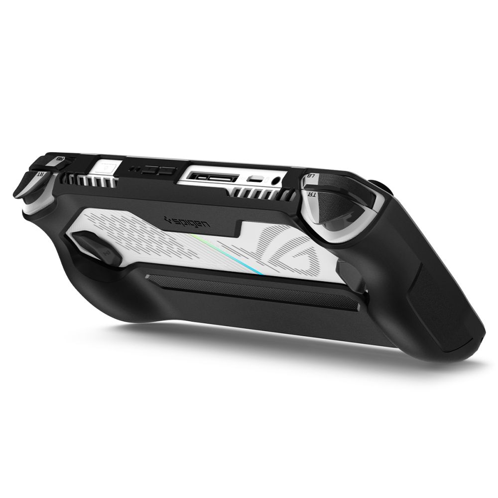 Accessorio impugnatura da gioco nero con piastra d'accento bianca e logo RGB.