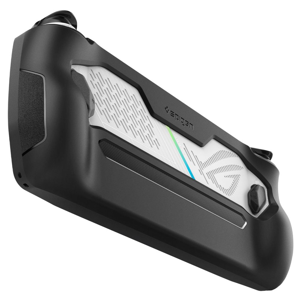 Una custodia nera per console portatile da gioco con un pannello centrale bianco, logo Spigen e linee colorate.