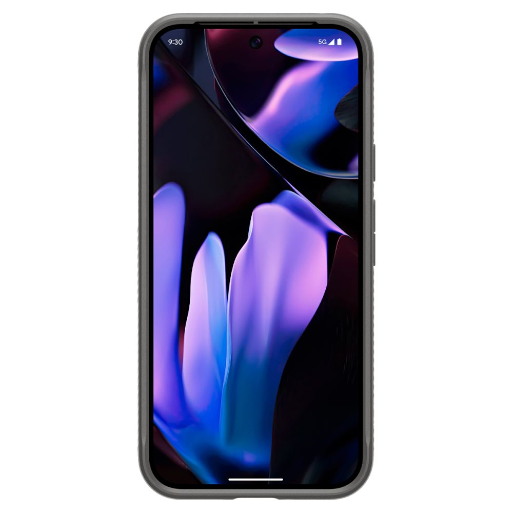 Smartphone grigio con sfondo astratto viola e blu.