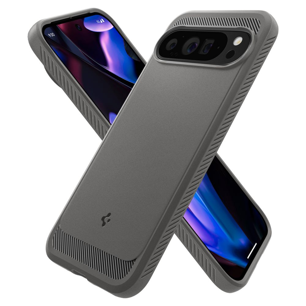 Due smartphone grigi con custodie texturizzate, uno a faccia in su con schermo colorato, l'altro a faccia in giù, incrociati.