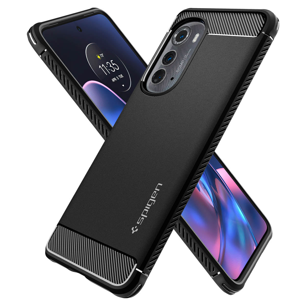 Telefono nero con custodia Spigen, fotocamera e orologio visibili.