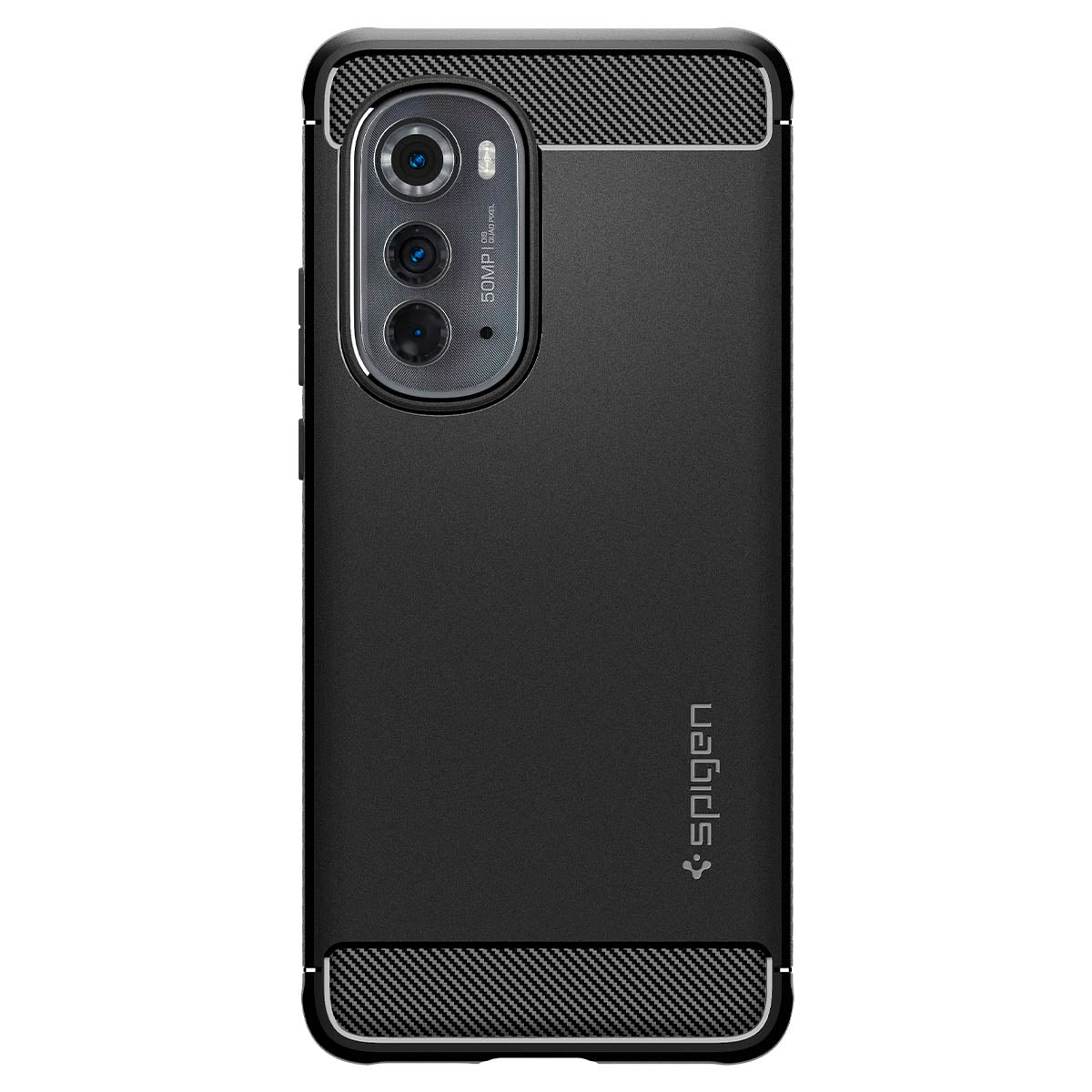 Una custodia nera per telefono con texture in fibra di carbonio in alto e in basso, con un'apertura per la fotocamera sulla sinistra.