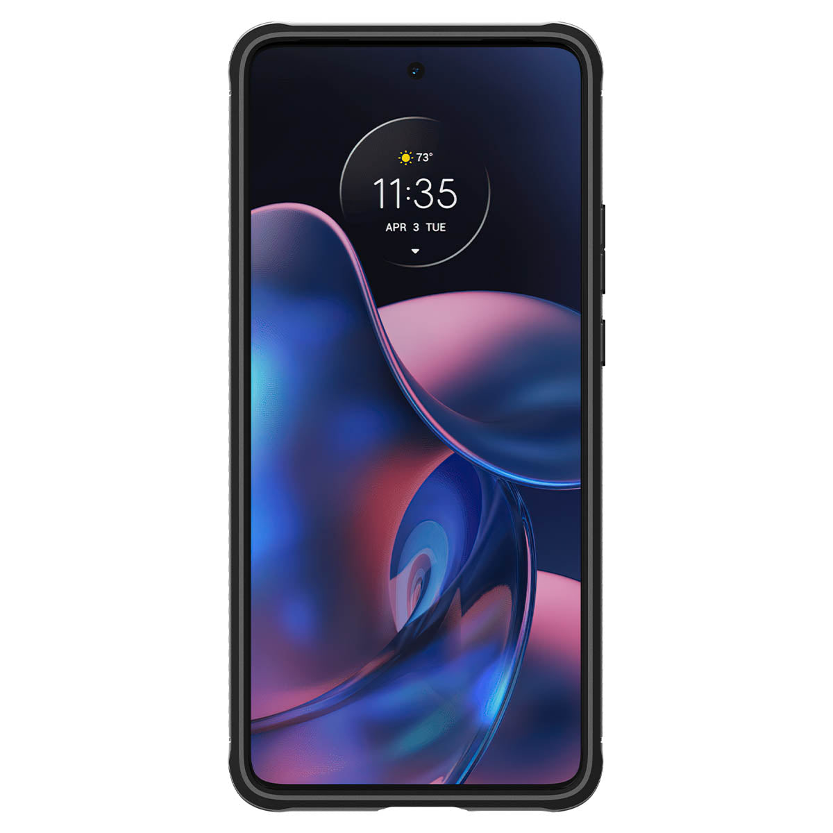 Uno smartphone nero con uno sfondo astratto vibrante viola, rosa e blu. Lo schermo mostra l'ora 11:35 e la data 3 aprile.