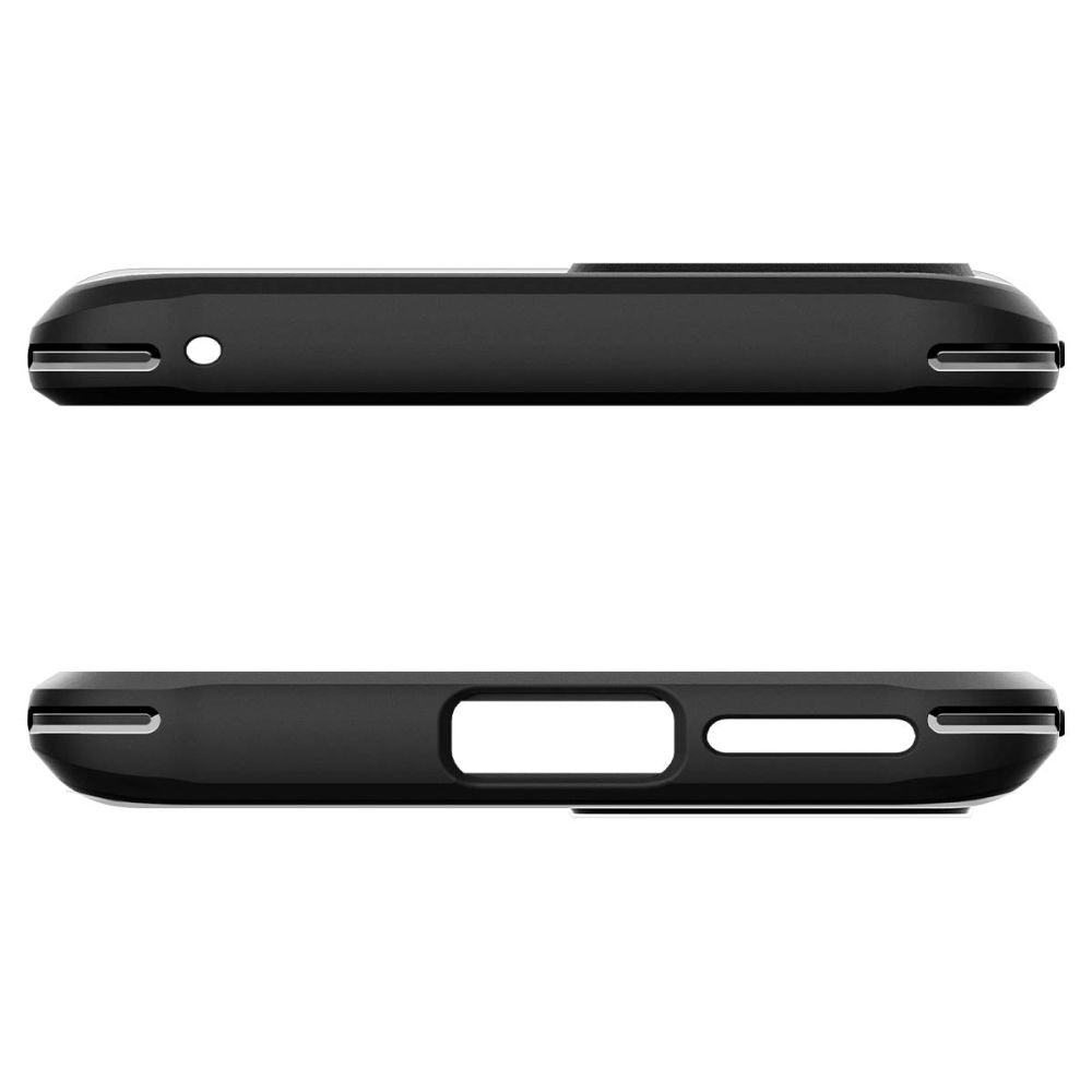 Custodia per smartphone nera vista di lato con ritagli per porte e pulsanti.