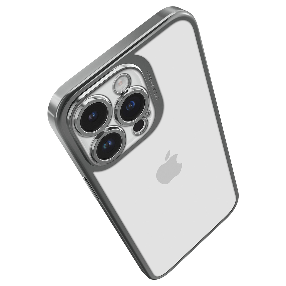 Una custodia trasparente per iPhone con sistema a tripla fotocamera e logo Apple.