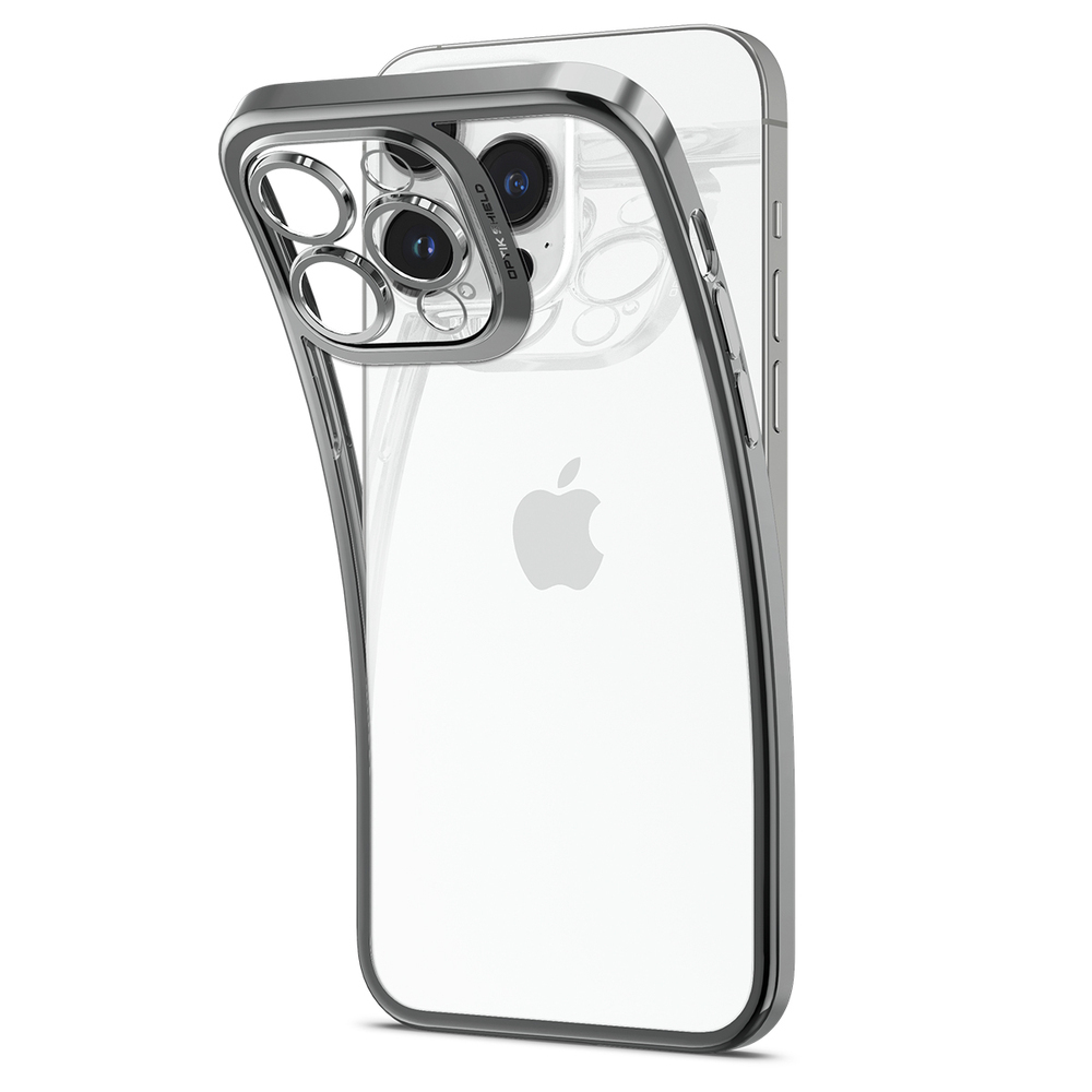 Una custodia trasparente per iPhone con una cornice metallica grigio scuro, che mostra il logo Apple e gli obiettivi della fotocamera su sfondo bianco.