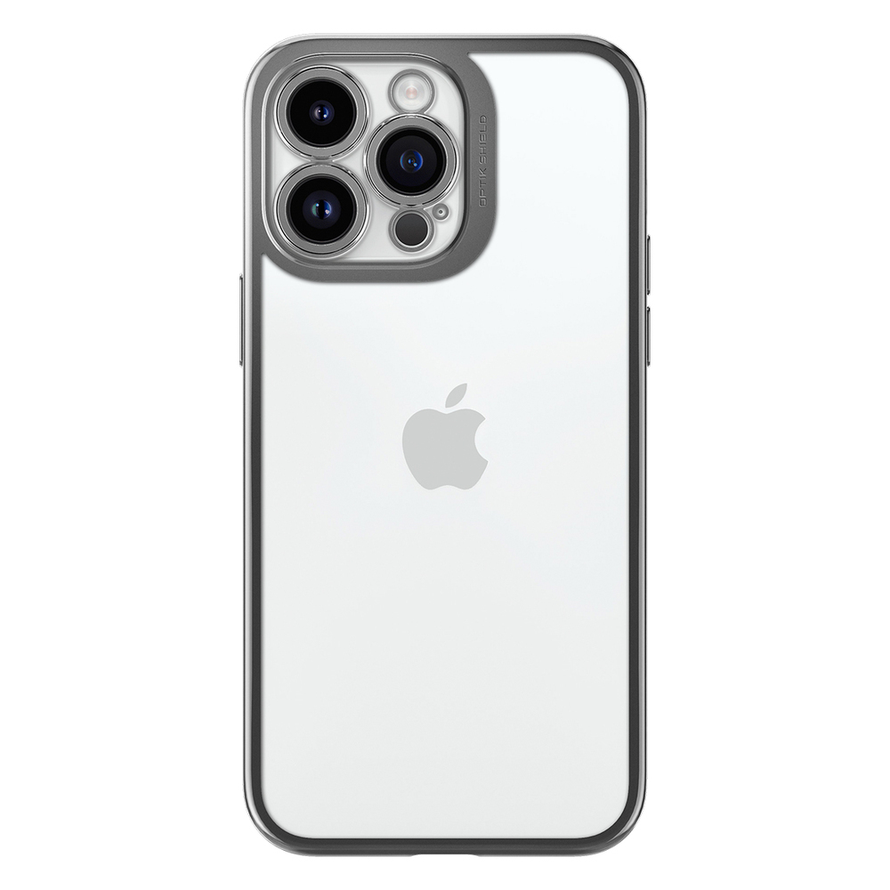 Vista posteriore di una custodia trasparente per iPhone con cornice grigio scuro, che mostra il logo Apple e il sistema a tripla fotocamera.