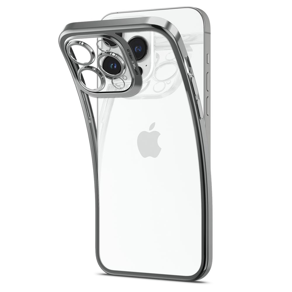 Custodia trasparente per telefono con finiture argentate e protezione fotocamera su iPhone.