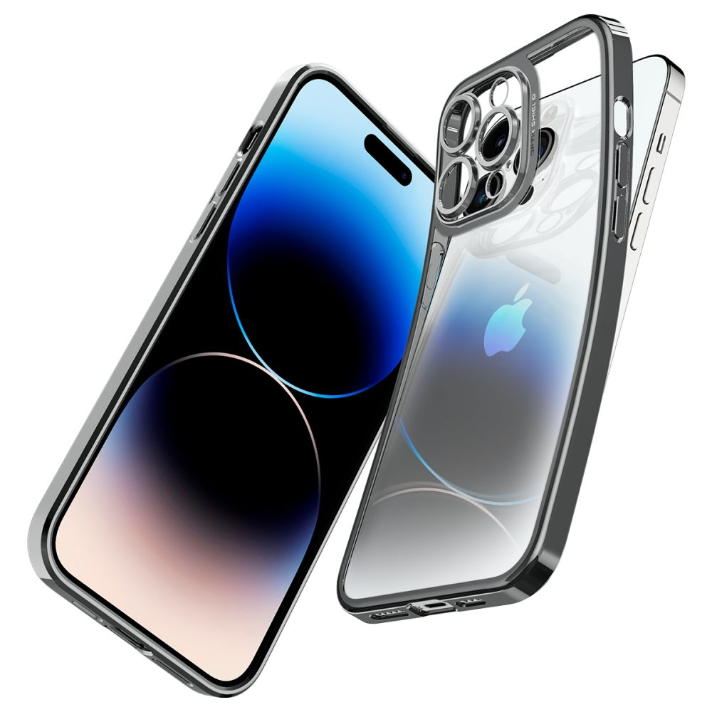 Due custodie trasparenti per telefono con finiture argentate, una mostra uno schermo blu, l'altra il logo Apple.